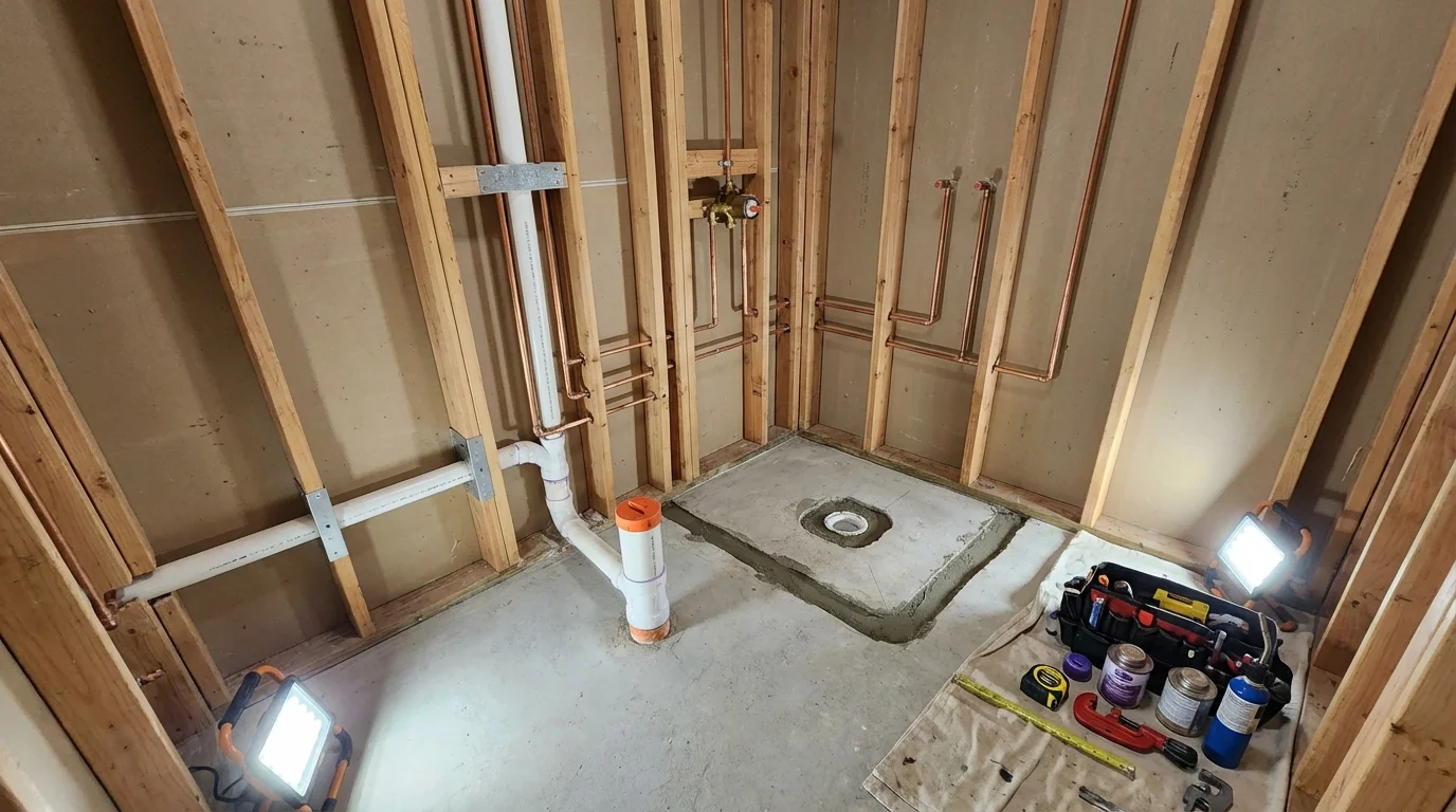 Bathroom rough-in plumbing during remodel by Johns Plumbing LLC in Attleboro
