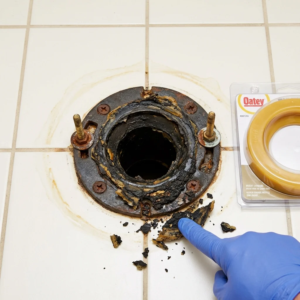 Failed wax ring showing water seepage at the base of a toilet in a Attleboro, MA home