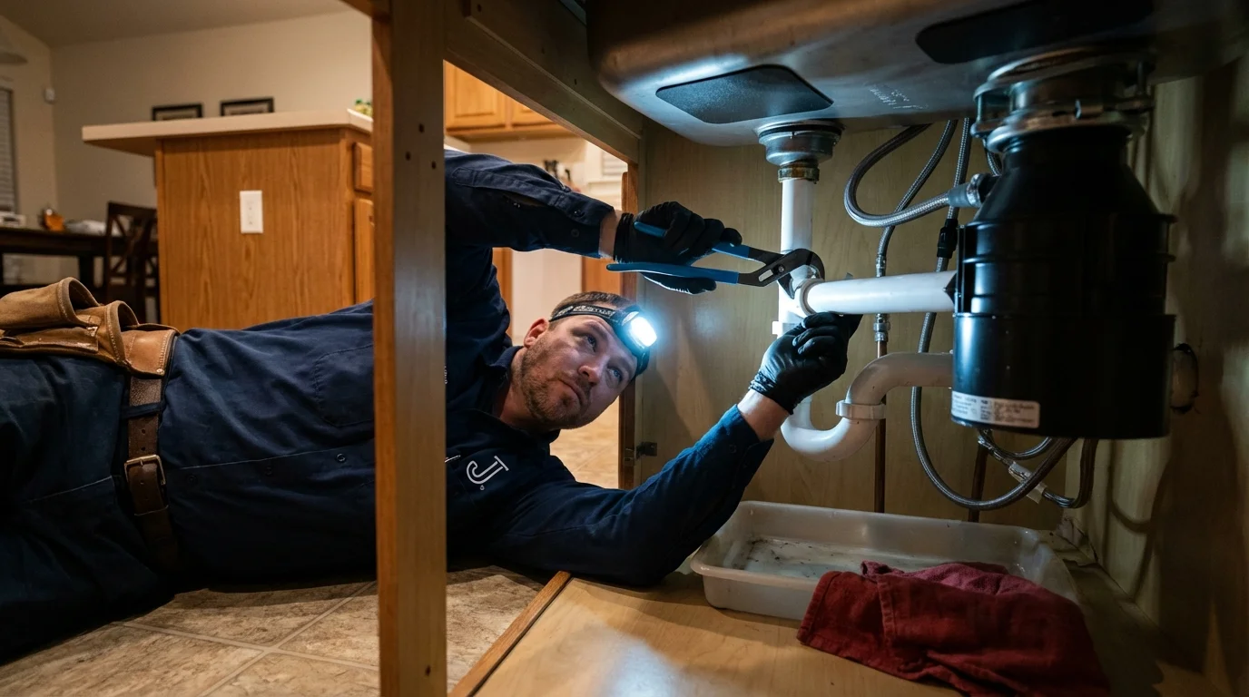 P-trap and supply line connections under a kitchen sink showing a common leak point in Attleboro, MA